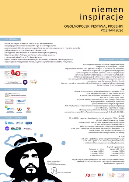 IV edycja Ogólnopolskiego Festiwalu Piosenki NIEMEN INSPIRACJE Poznań 2026 r. - zgłoszenia do 25 maja 2026 r.